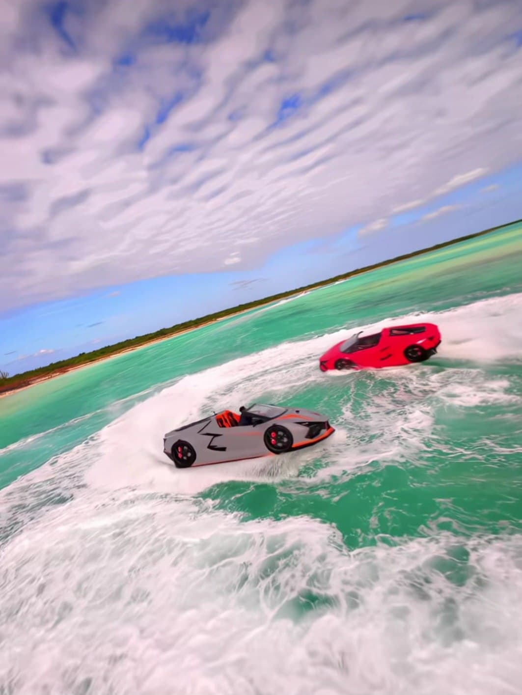 Jet car vs jet ski: two Lamborghini-inspired WaterBoatCar jetcars racing side by side in turquoise Caribbean water