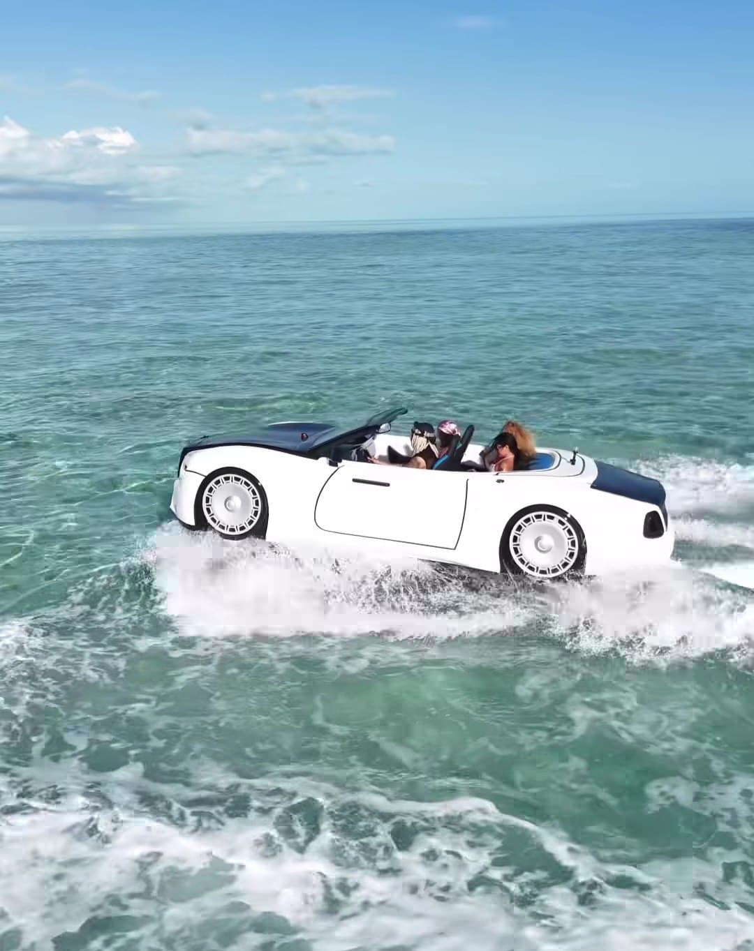 Jet car safety: white Rolls-Royce-inspired WaterBoatCar jetcar with passengers navigating ocean waves safely