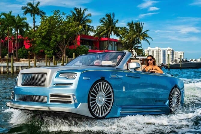 Jet car price reference: blue Rolls-Royce-inspired WaterBoatCar jetcar cruising Miami waterway with palm trees