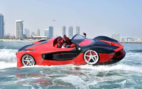 Do jet cars have brakes — WaterBoatCar red Ferrari-inspired jetcar slowing on the water using reverse thrust