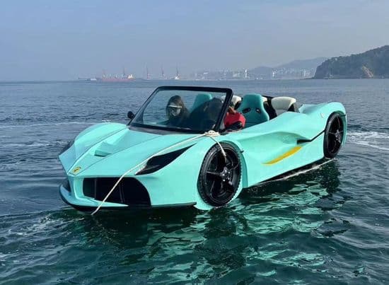 WaterBoatCar Ferrari-inspired Model FLF jetcar on open water — supercar design applied to a marine vessel